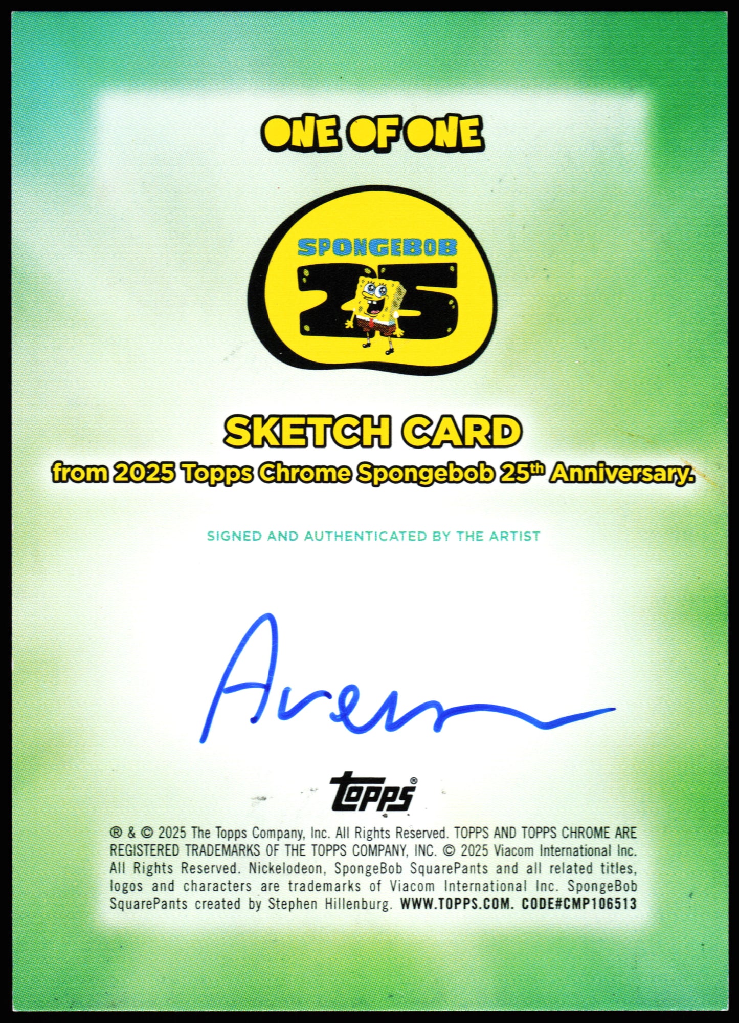 Spongebob Topps Chrome Sketch 1/1 (Cookedbob)