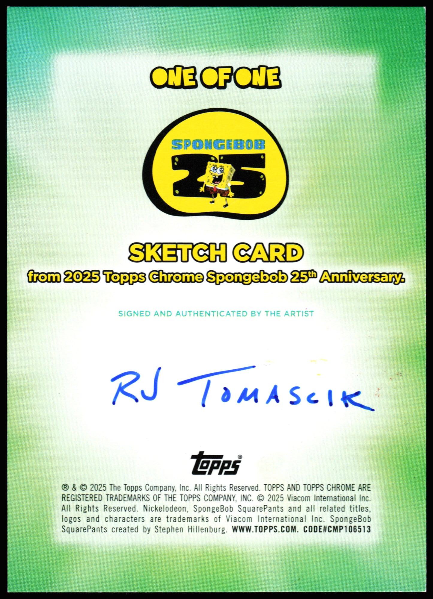Spongebob Topps Chrome Sketch 1/1 (RJ Tomascik)