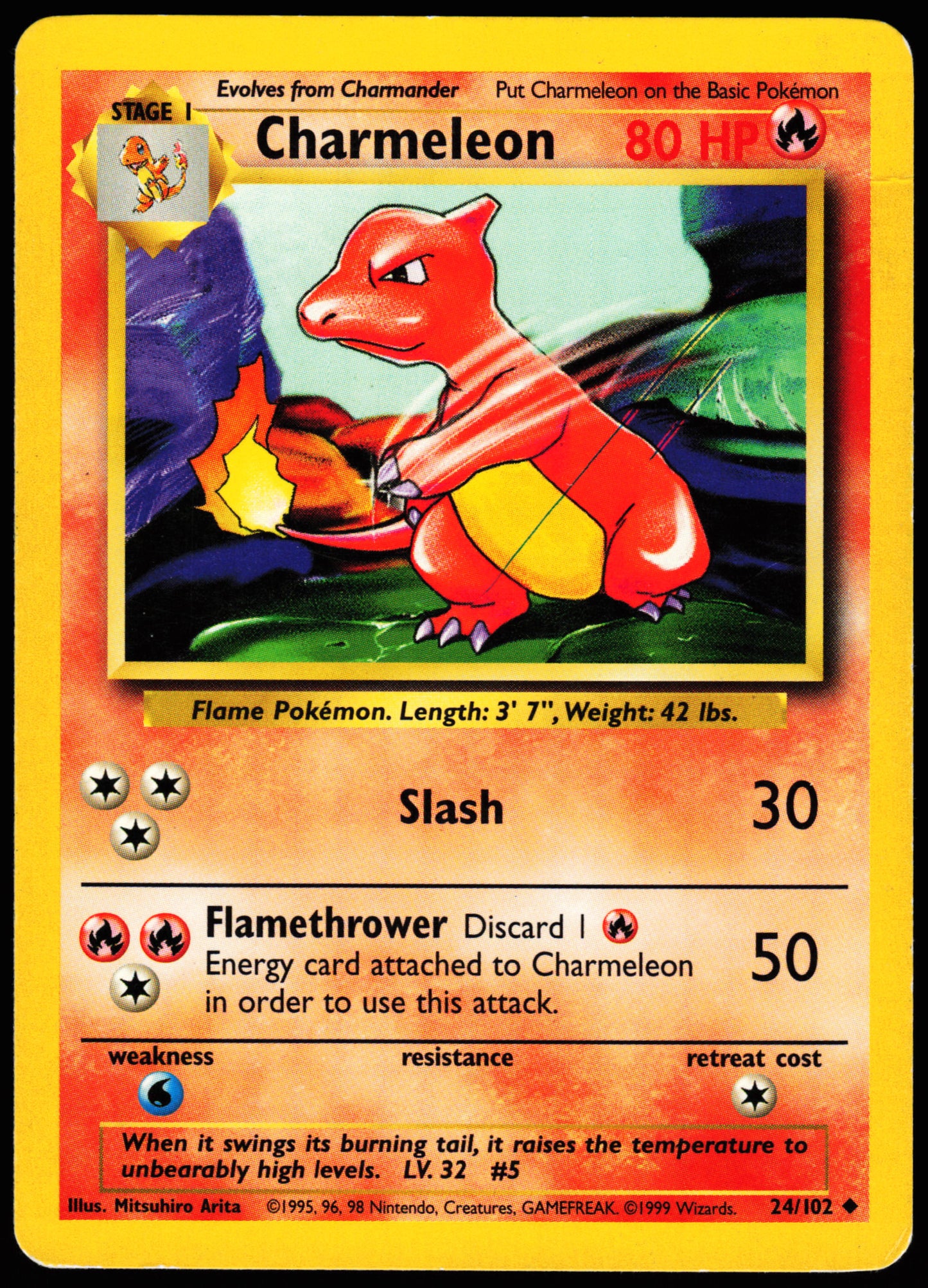 Pokemon Card - Blue Slash ERROR Charmeleon Base Set 24/102 Uncommon Heavily Played