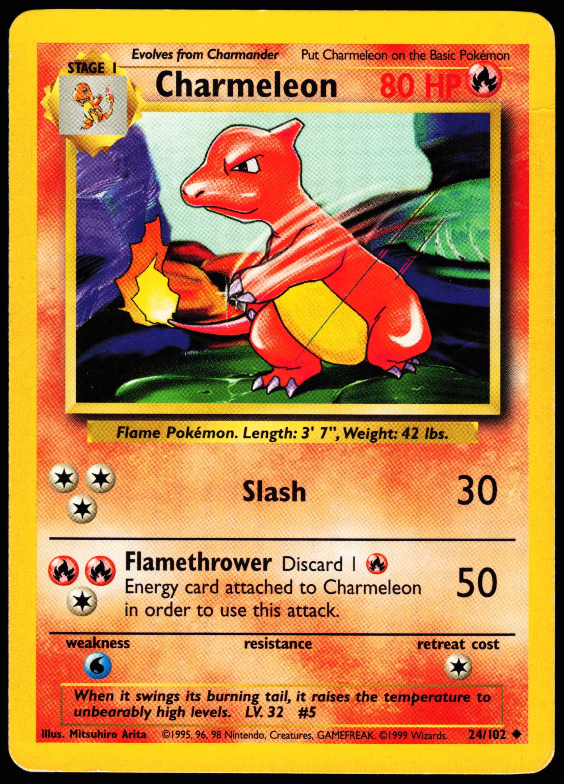 Pokemon Card - Blue Slash ERROR Charmeleon Base Set 24/102 Uncommon Heavily Played