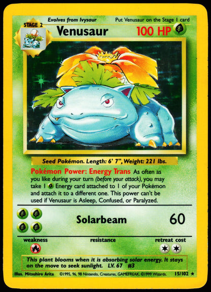 Venusaur 15/102 Holo Holo Rare Base Set Unlimited Pokemon Lightly Played