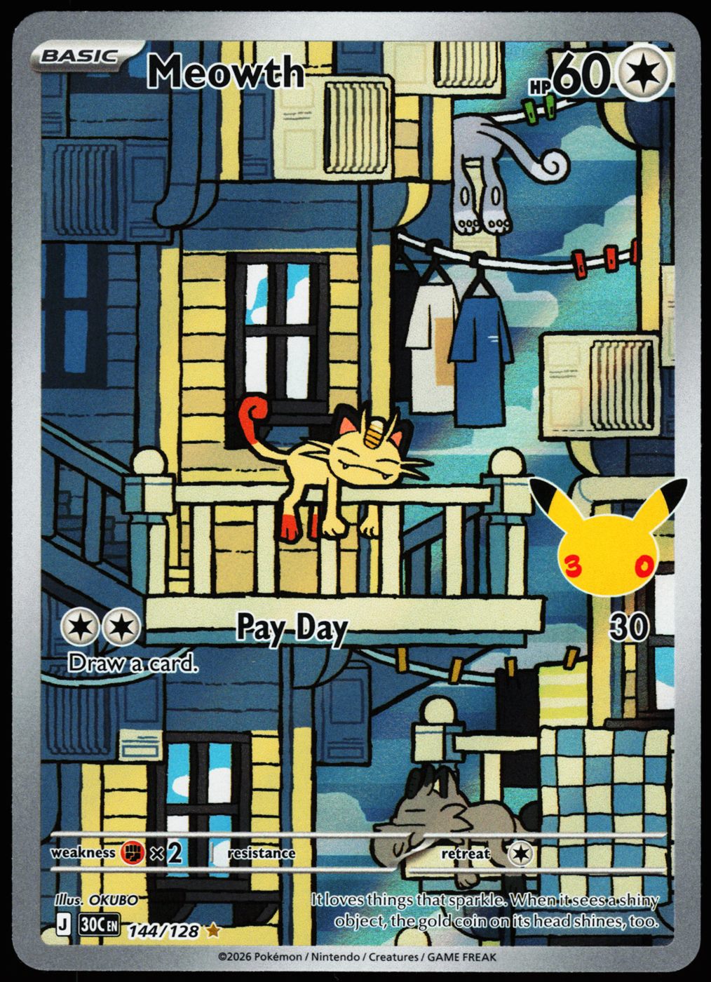 Meowth 144/128 Illustration Rare 30th Celebration Pokemon Holo Near Mint front