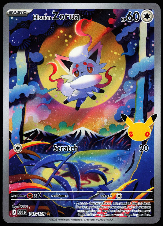 Hisuian Zorua 145/128 Illustration Rare 30th Celebration Pokemon Holo Near Mint front