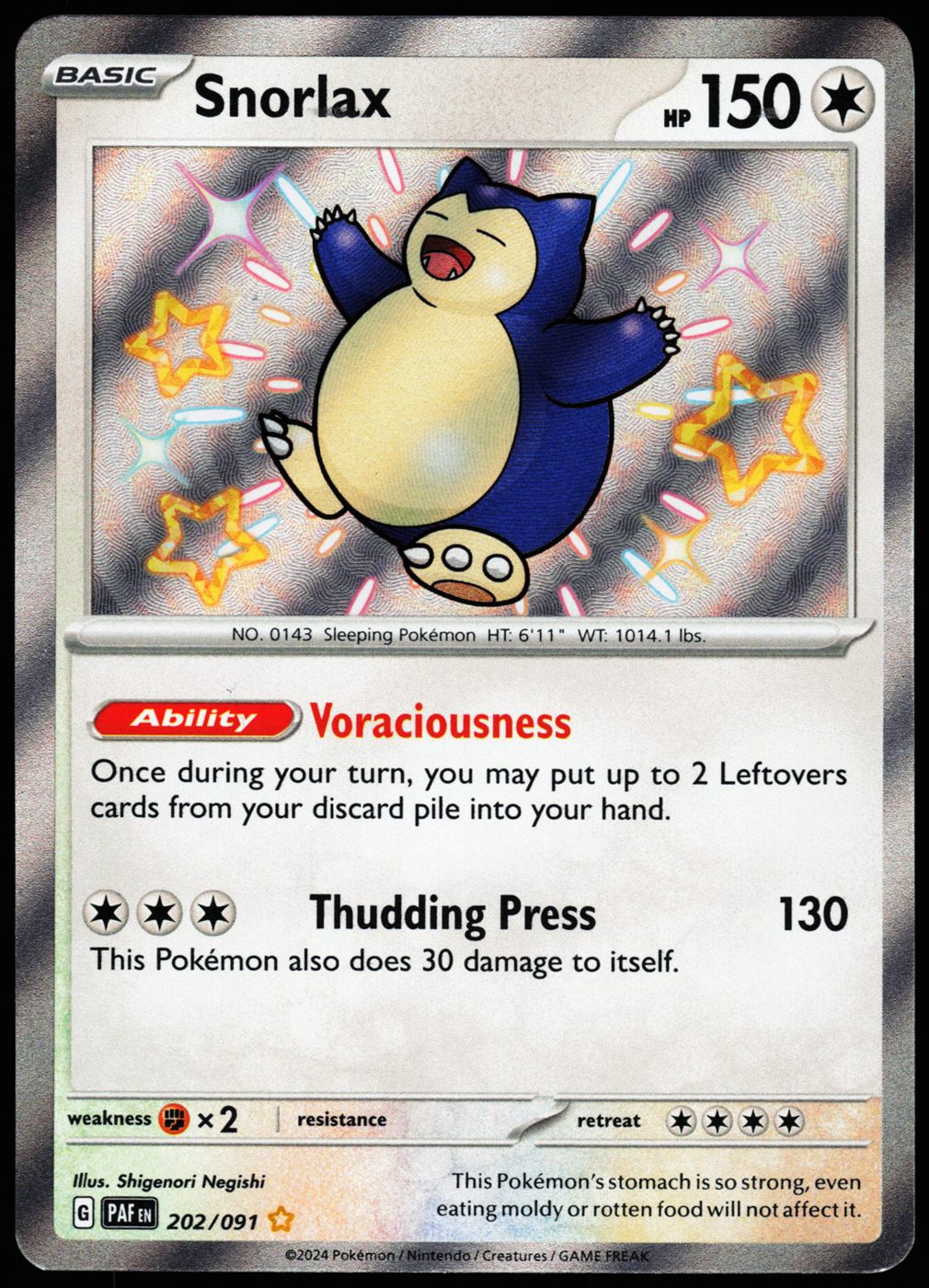 Snorlax 202/091 Shiny Rare Paldean Fates Pokemon Holo Near Mint front