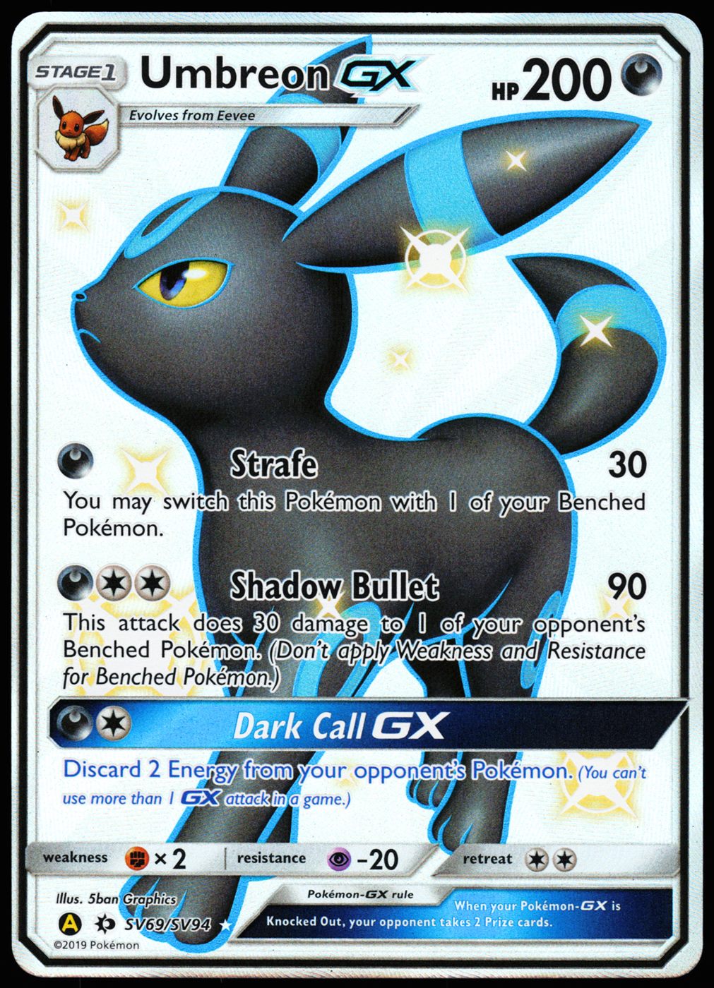 Umbreon GX SV69/SV94 Shiny Holo Rare Hidden Fates: Shiny Vault Pokemon Holo Near Mint front